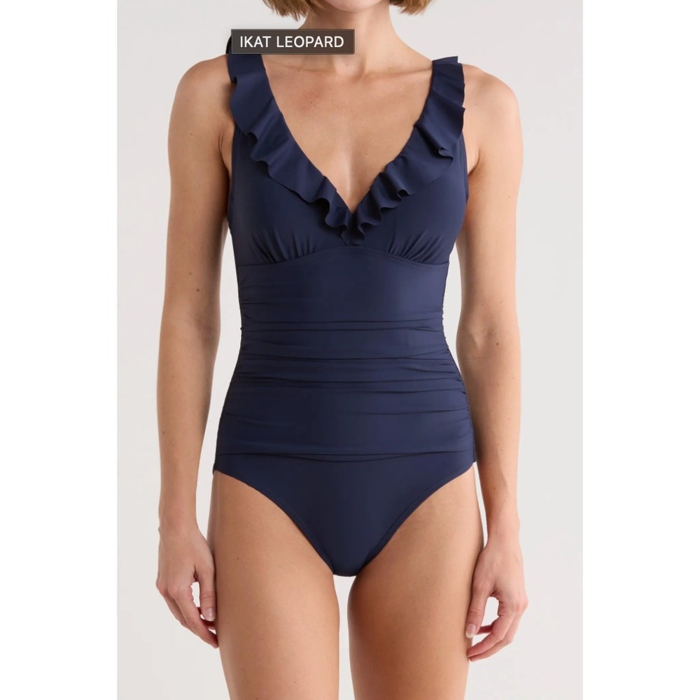 DKNY One Piece Swimsuit 14 Navy Blue Ruffle Ruched V-Neck Swimwear NEW